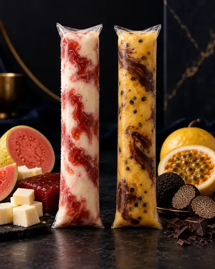 Dos helados gourmet en bolsita: guayaba con queso y maracuyá con chocolate